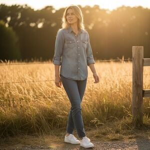 J.Crew Womens XS Chambray Denim Shirt Light Wash Pearl Button Down Long Sleeve